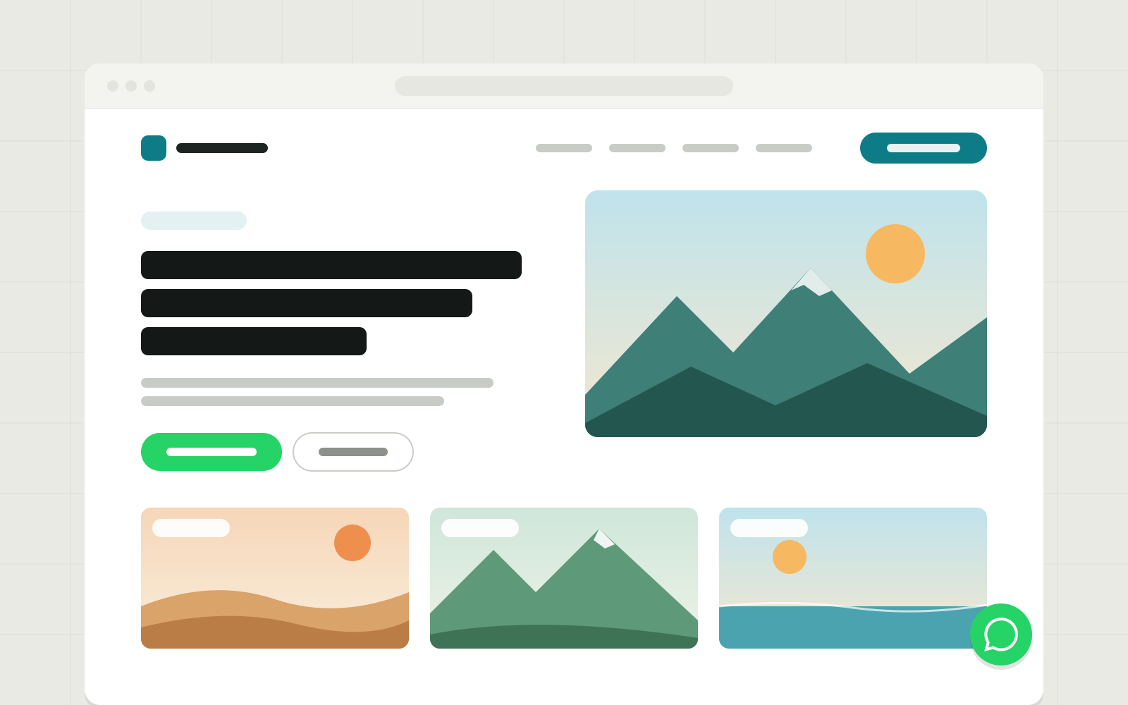 Illustration of a travel agency website with a destinations grid and a WhatsApp quote button